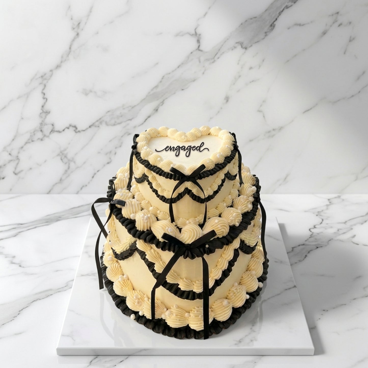 Vintage Lambeth heart cake in ivory and black with piped swags, pearls and satin bows, CakeMeAway Dublin