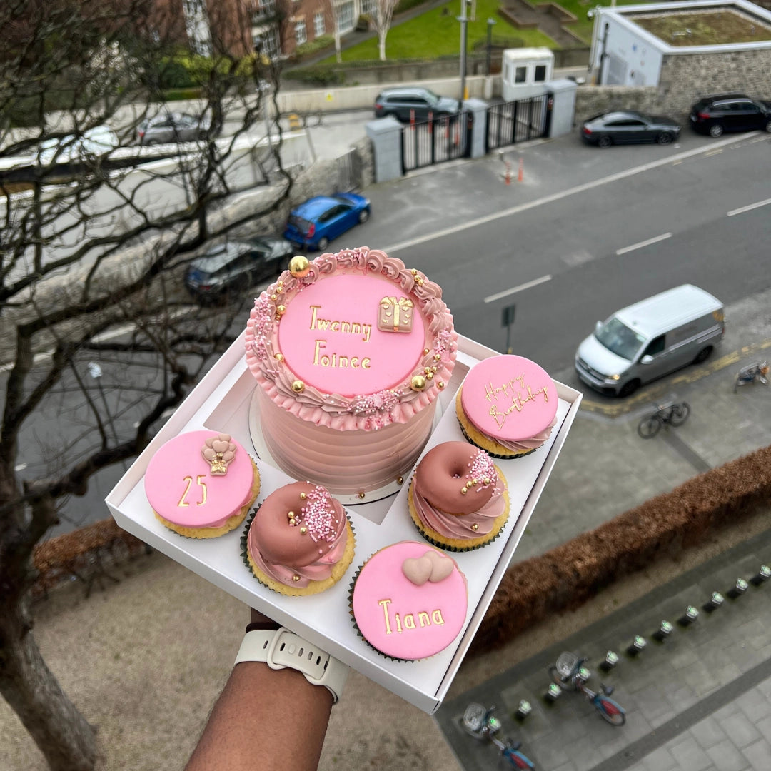 BEIGE AND PINK BENTO CAKE SET WITH 5 MATCHING CUPCAKES