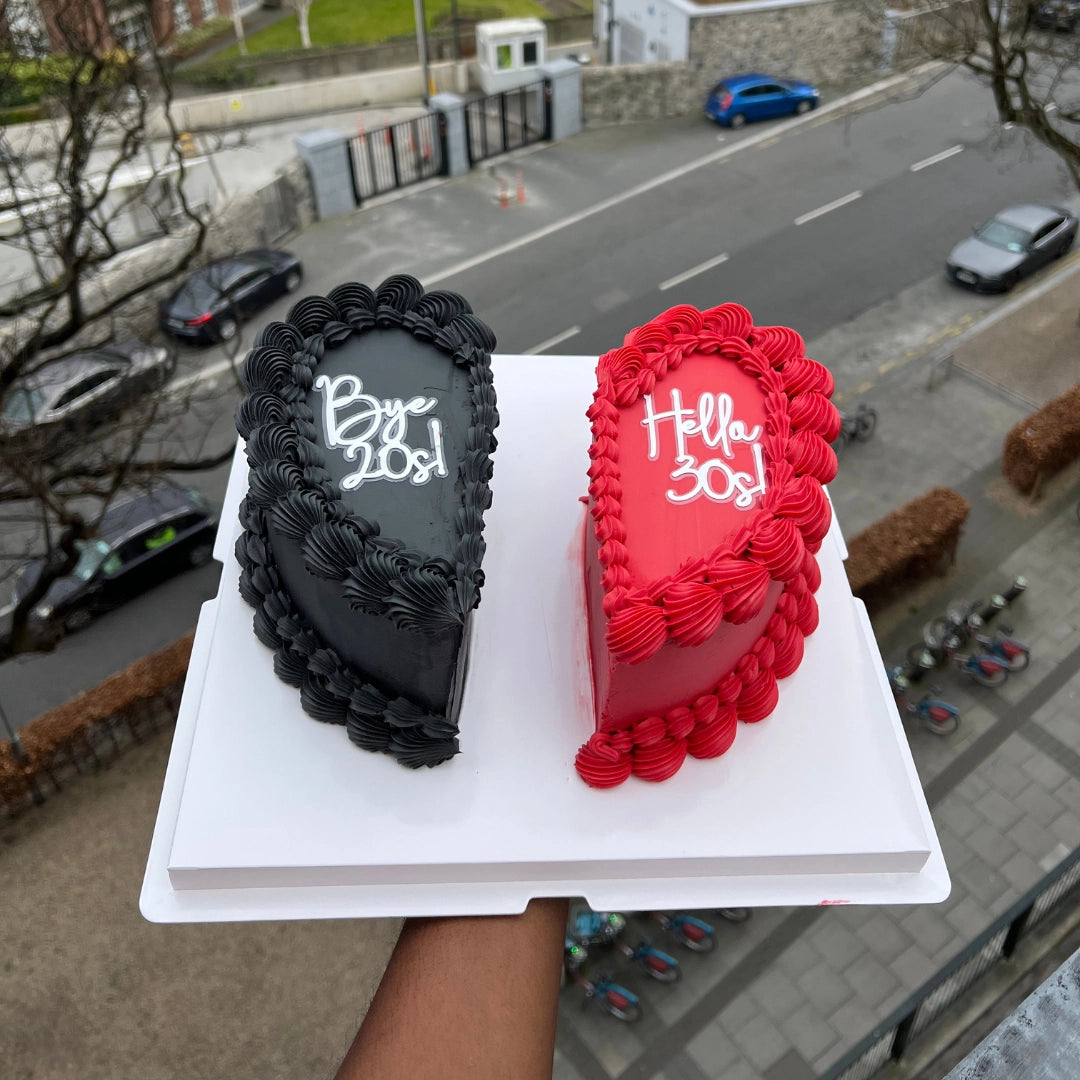 ONE SIDE BLACK AND ONE SIDE RED CAKE WITH BYE 20Β΄S AND HELLO 30Β΄S