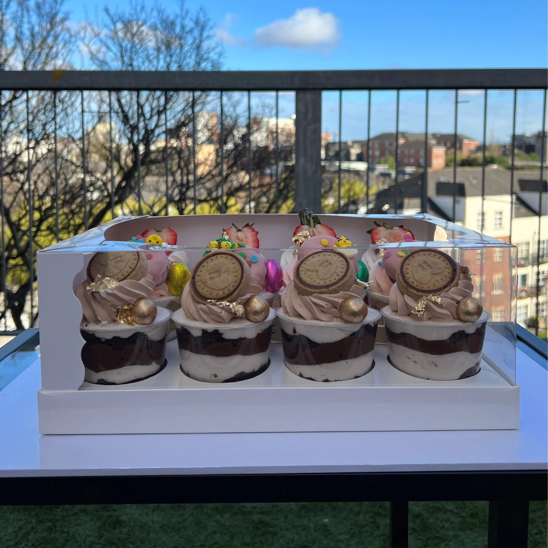 12 CHEESE CAKE SHOOTERS WITH DIFFERENT TOPPINGS BOXED IN CAKE ME AWAY EXTRA TALL CUPCAKE BOX