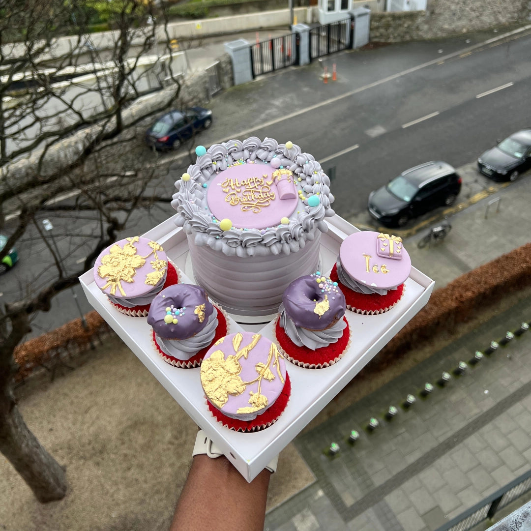 LILAC AND GOLD BENTO CAKE SET WITH 5 MATCHING CUPCAKES