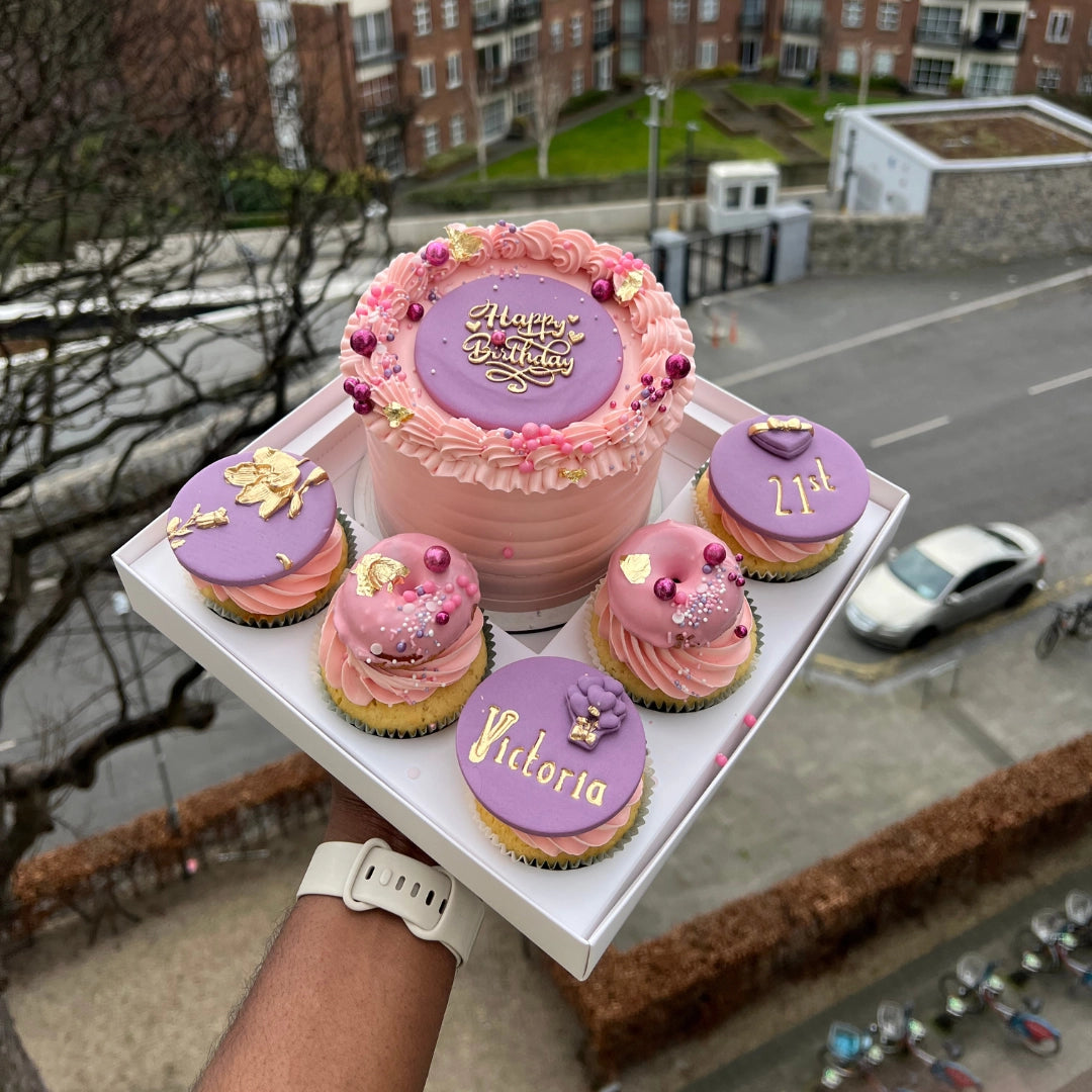 LILAC AND PINK BENTO CAKE SET WITH 5 MATCHING CUPCAKES