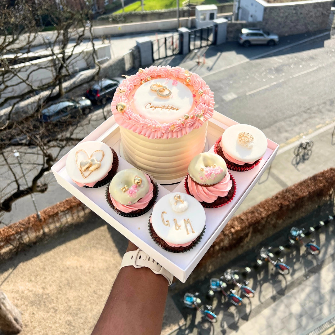 PINK AND CREAM BENTO CAKE SET WITH 5 MATCHING CUPCAKES