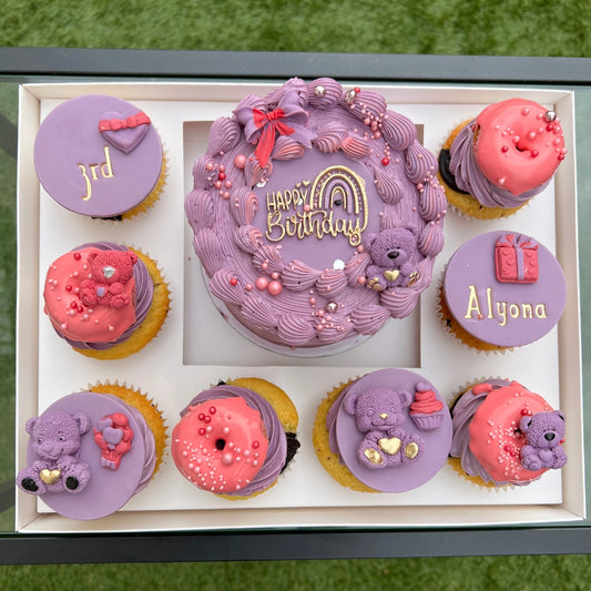 PINK AND LILAC BENTO CAKE AND CUPCAKES WITH MINI DONUTS