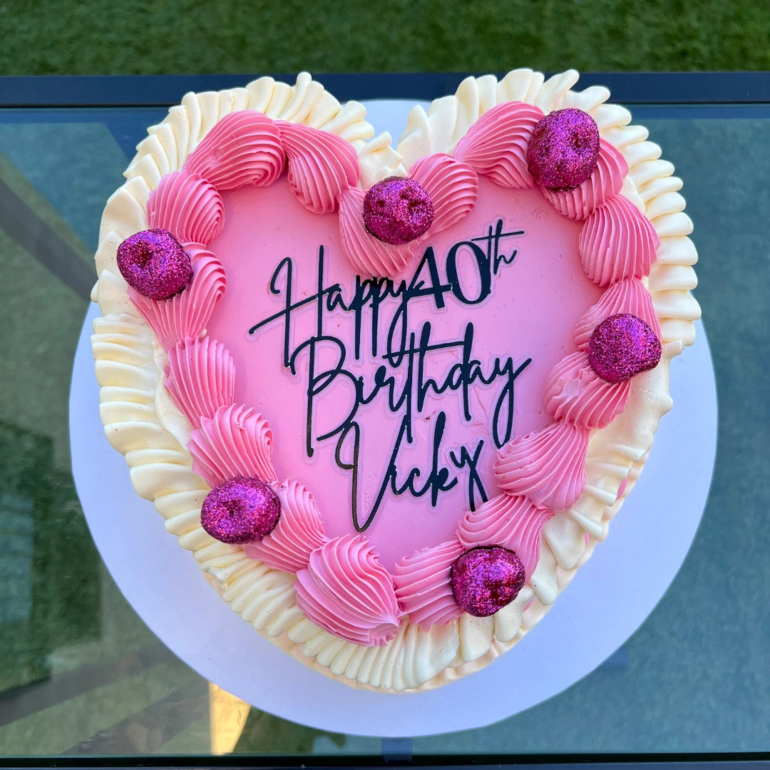 PINK GLITTER CHERRY HEART SHAPED CAKE