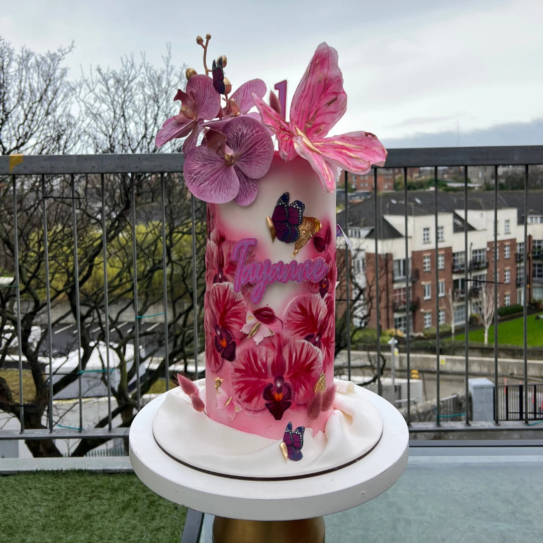 Pink flowers butterfly fondant cake