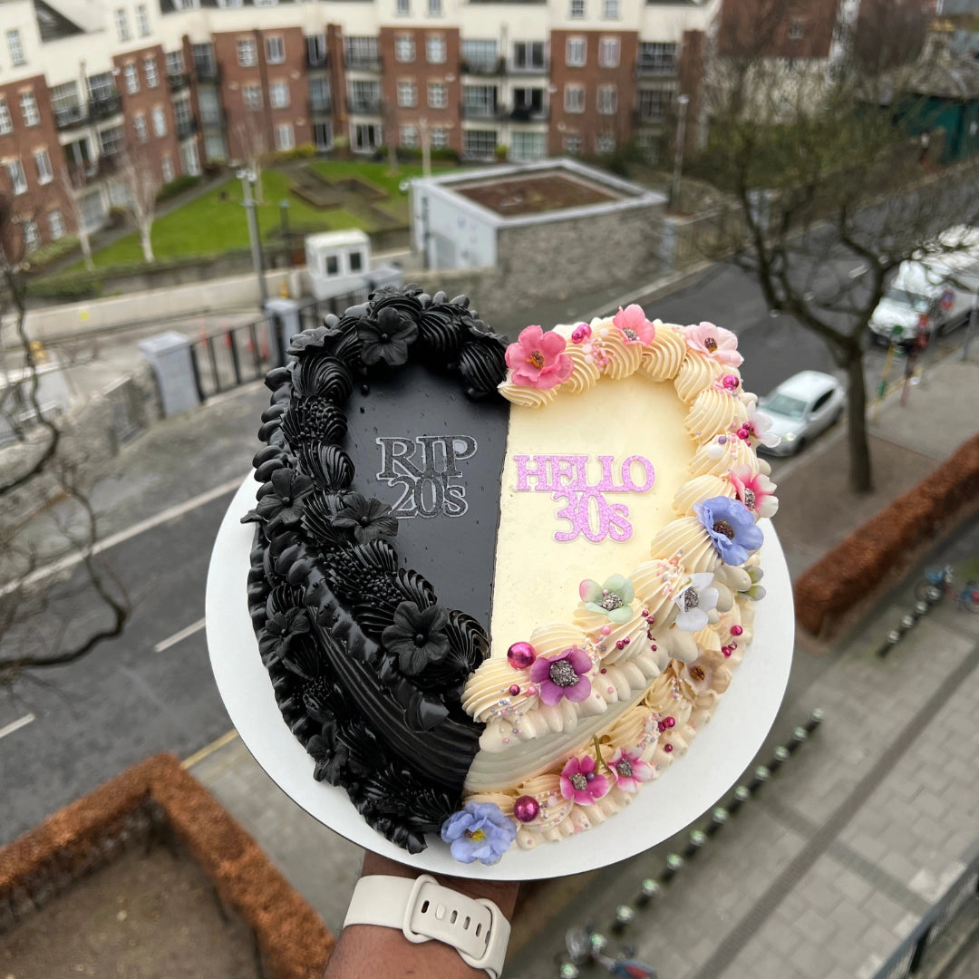 ONE SIDE BLACK AND ONE SIDE CREAM CAKE WITH RIP 20Β΄S AND HELLO 30Β΄S