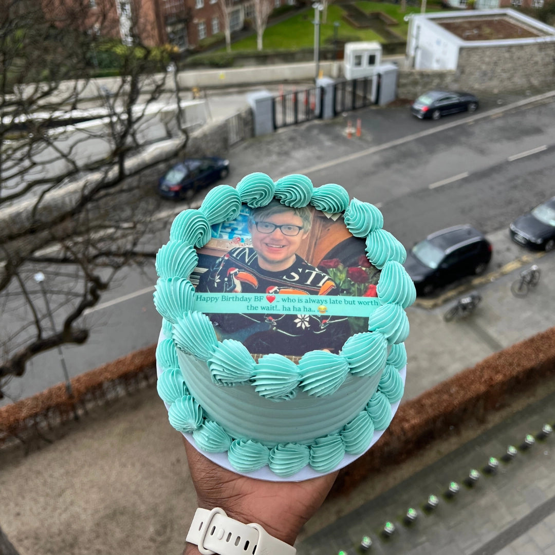 SMALL BLUE CAKE WITH EDIBLE PHOTO