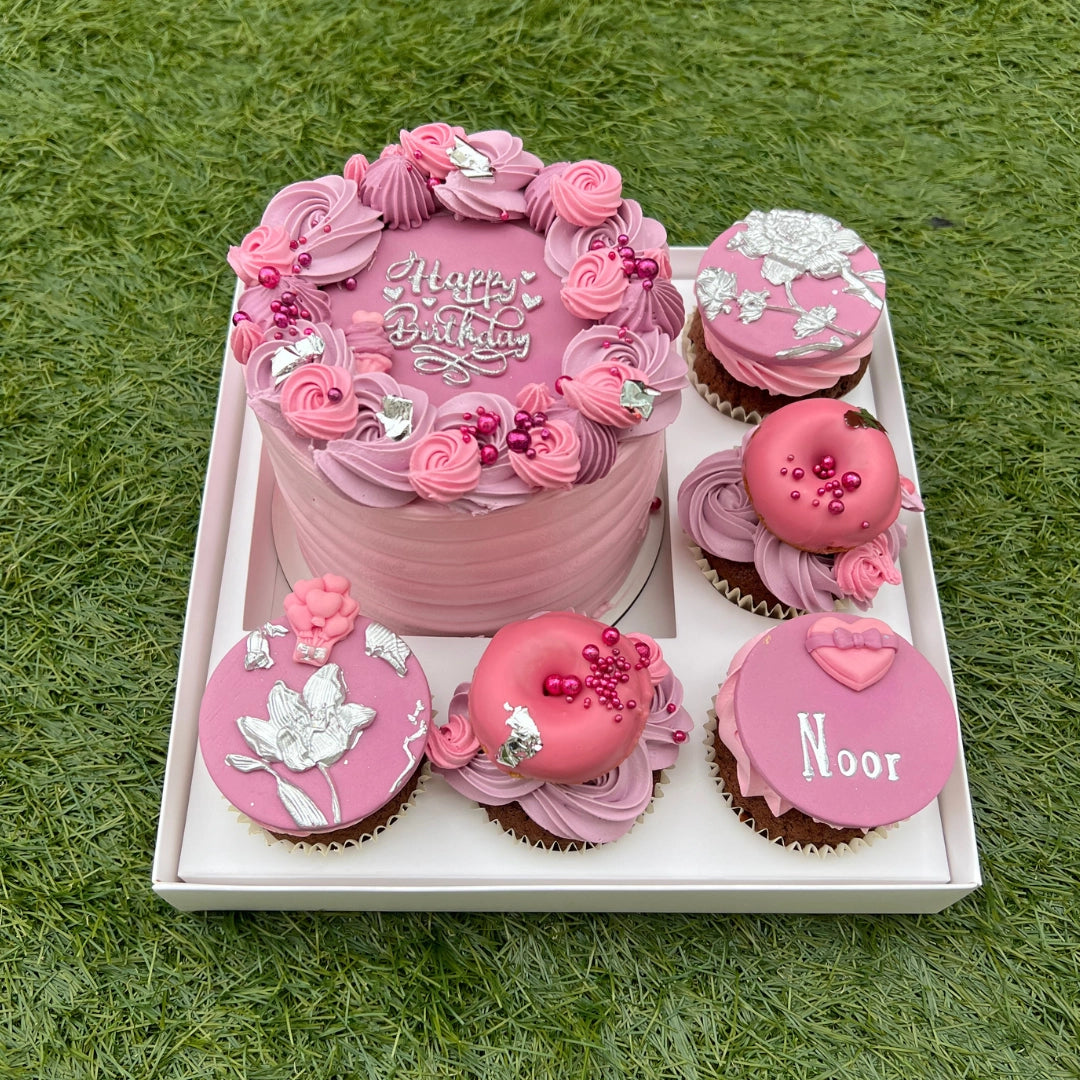 5 inch Pink and lilac bento cake with 2 cupcakes