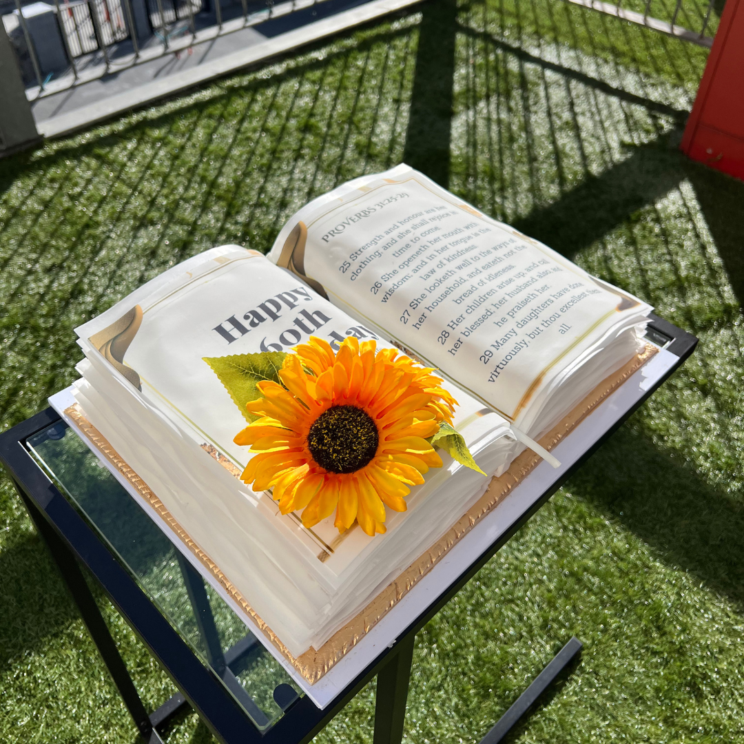 bible cake with flowers