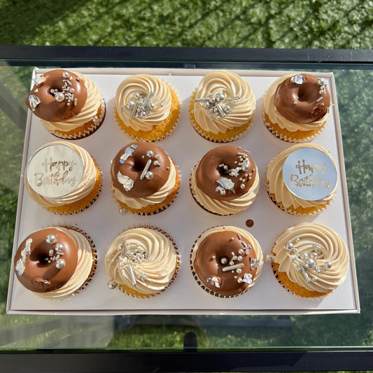 cream and brown cupcakes with mini donuts