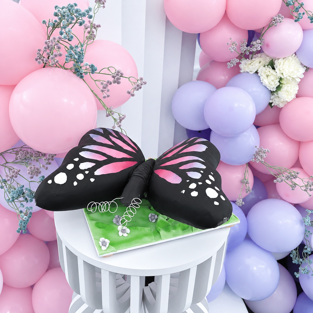 A large butterfly-shaped cake or decoration with black wings featuring pink and white patterns, displayed on a green box atop a white pedestal in front of pink and purple balloon garlands.