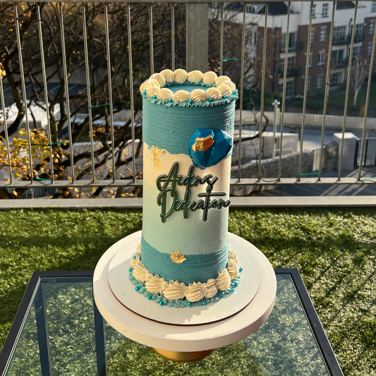 BLUE & CREAM BUTTERCREAM DEDICATION CAKE