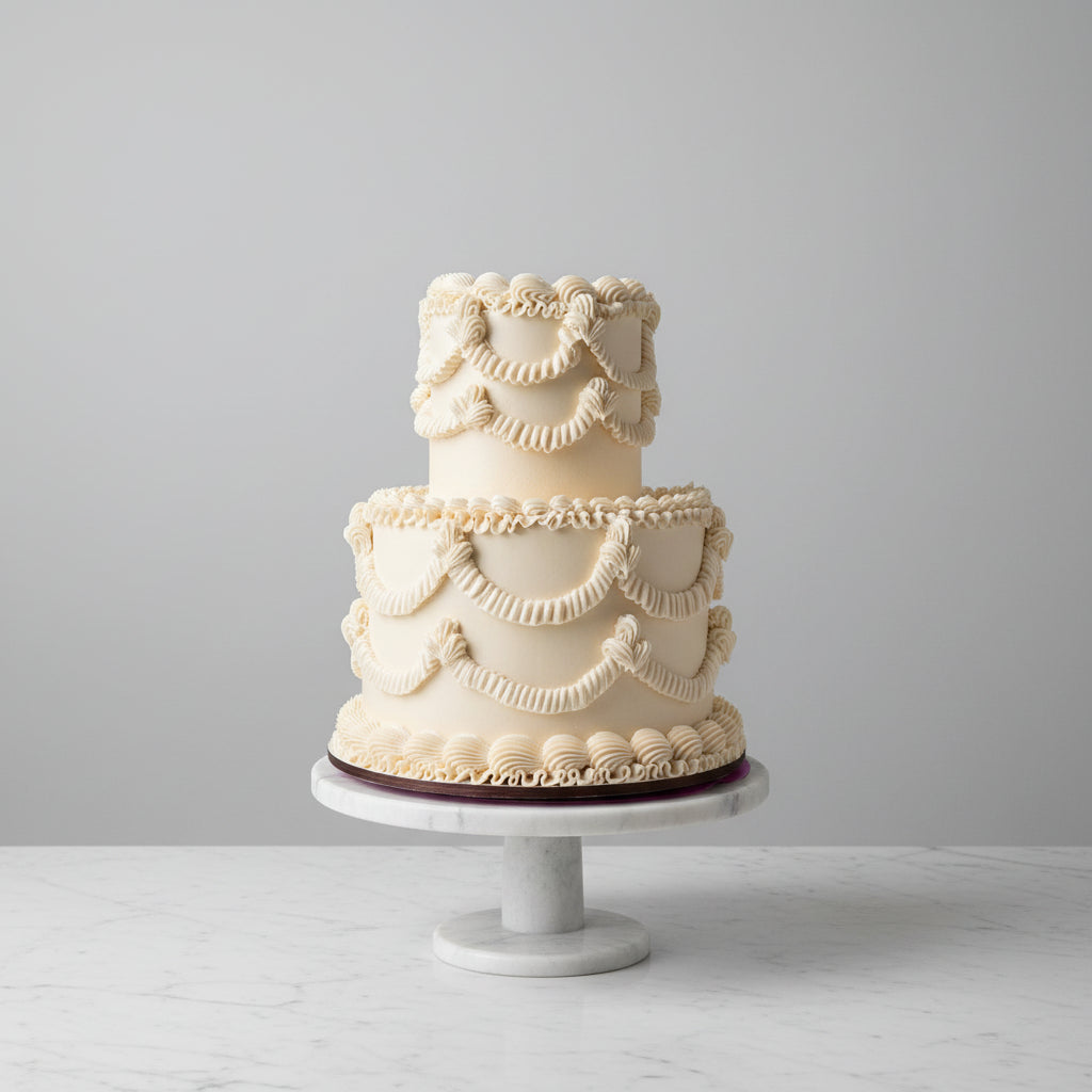 A round cream-colored frosted cake with piped decorative borders and the words 'Happy Married 1st' written on top, displayed on a white square cake board against a light marble background.