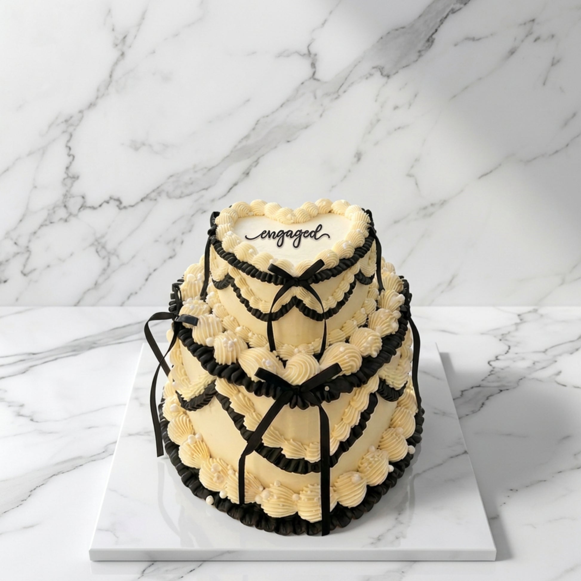 Vintage Lambeth heart cake in ivory and black with piped swags, pearls and satin bows, CakeMeAway Dublin