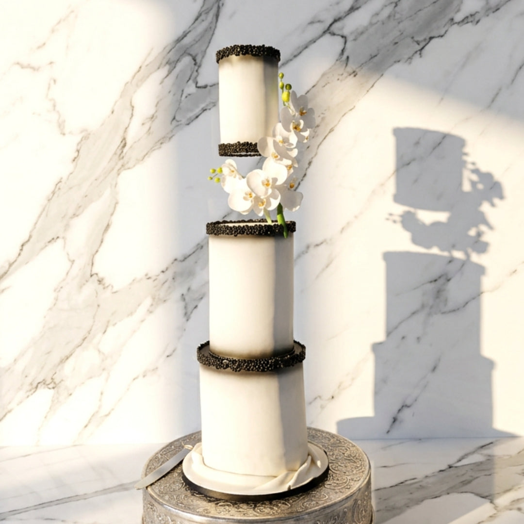 Three tier floating wedding cake in ivory with black bead borders and cascading white orchids, handmade in Dublin