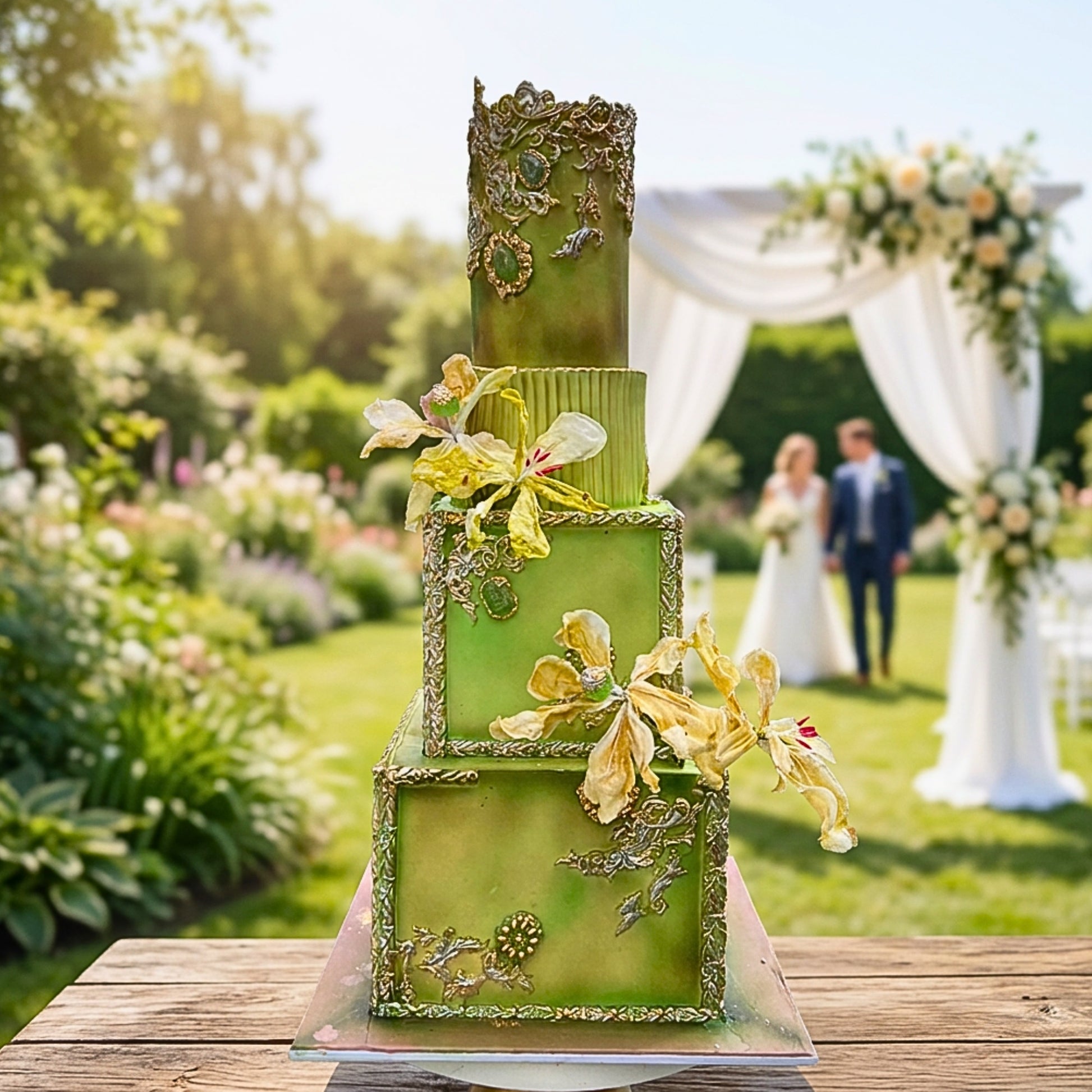 Emerald and gold four tier wedding cake with baroque detailing and sugar orchids at an outdoor wedding, CakeMeAway Dublin