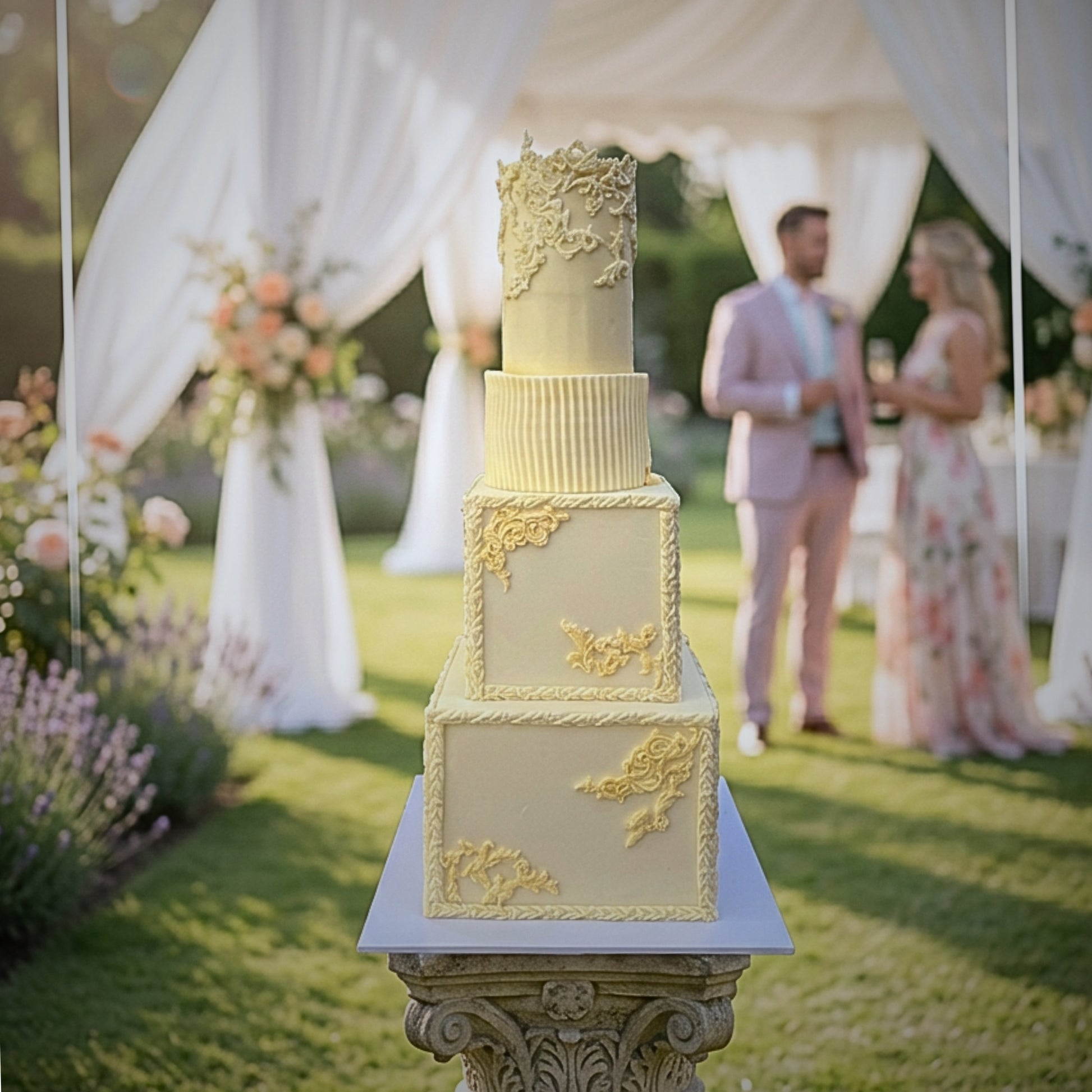 Champagne and gold ornate wedding cake with square and round tiers at a marquee wedding, CakeMeAway Dublin