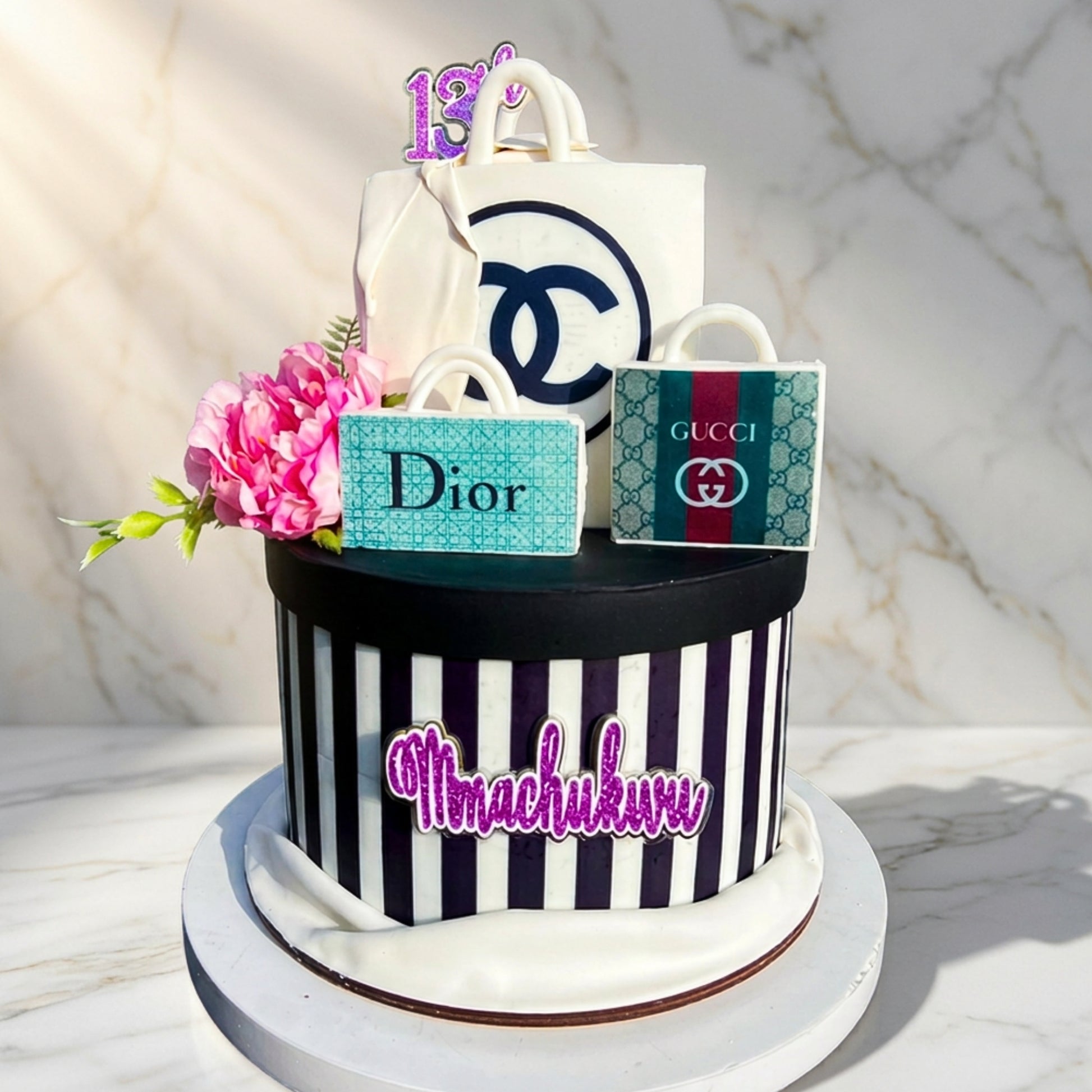 Designer inspired 13th birthday cake with striped hat box, fondant shopping bags and personalised name, Dublin
