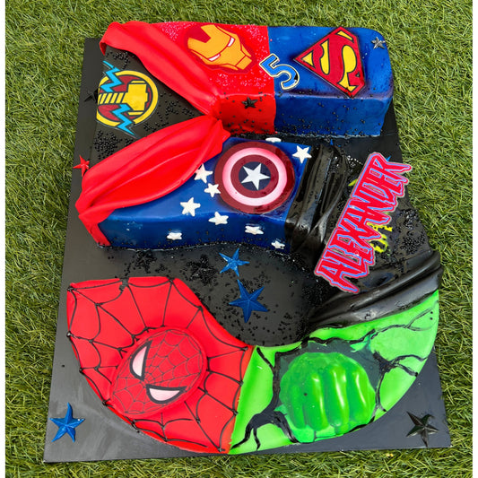 Fondant superhero themed number cake with hand-painted comic detailing and personalised name, CakeMeAway Dublin