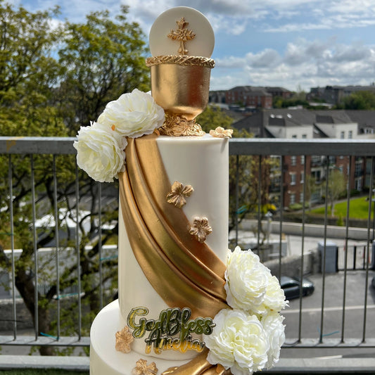 WHITE & GOLD COMMUNION CAKE