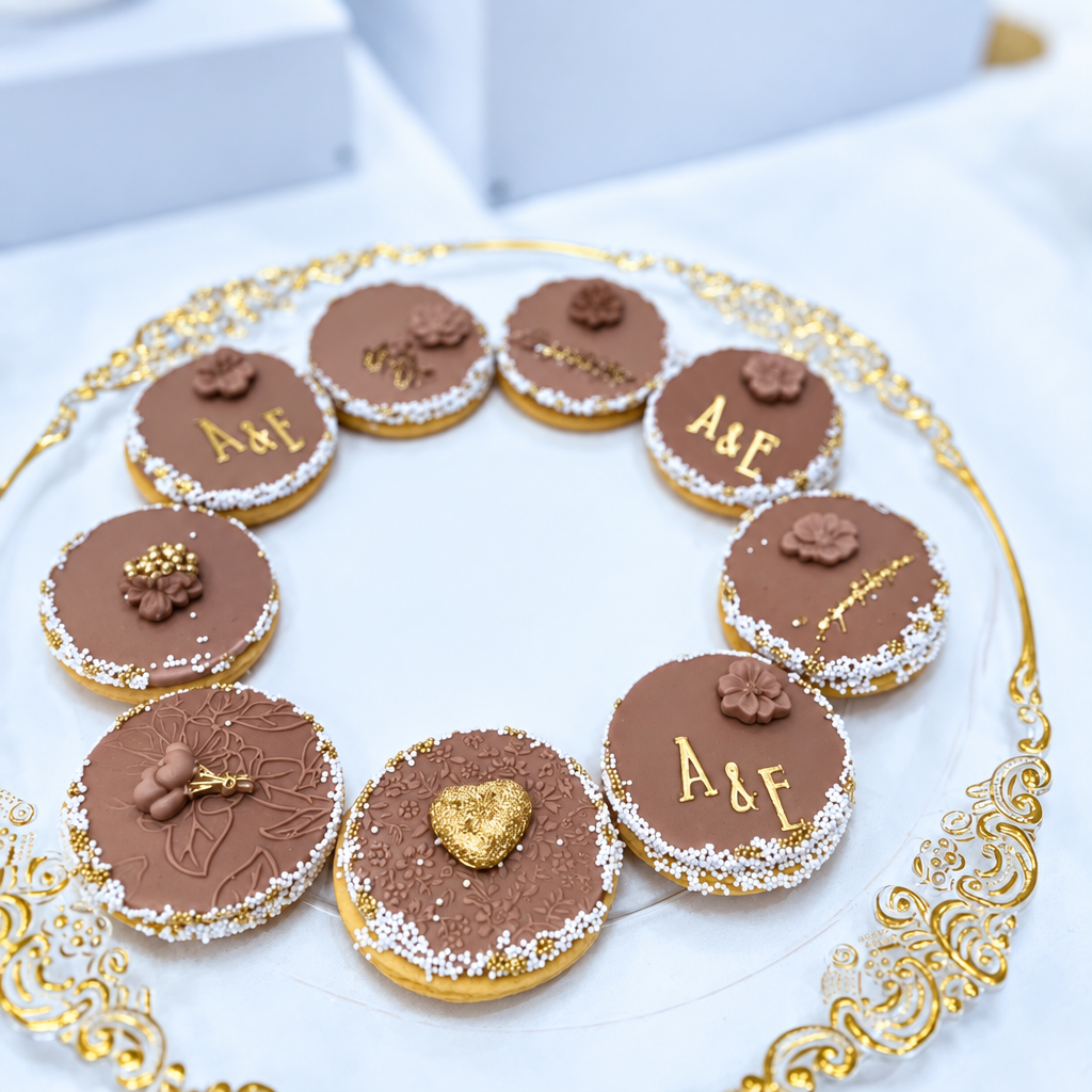 A circular arrangement of decorated chocolate-covered cookies on a white plate with ornate gold trim, photographed in a bright indoor setting.
