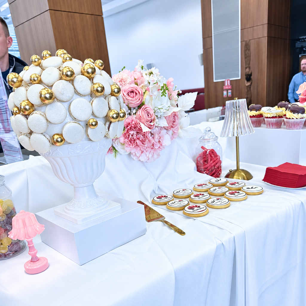 A decorated dessert table at an event, featuring a large white pedestal bowl filled with white macarons and gold ornaments, a pink and white floral arrangement, cupcakes, and small decorative lamps on a white tablecloth.