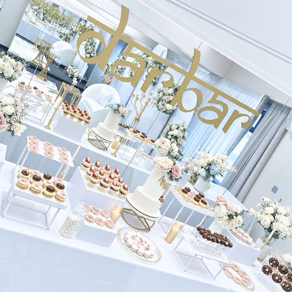 A decorated dessert table display with cupcakes, macarons, pastries, and a white tiered cake on clear acrylic stands, under a large gold 'darbar' sign in a decorated indoor event space.