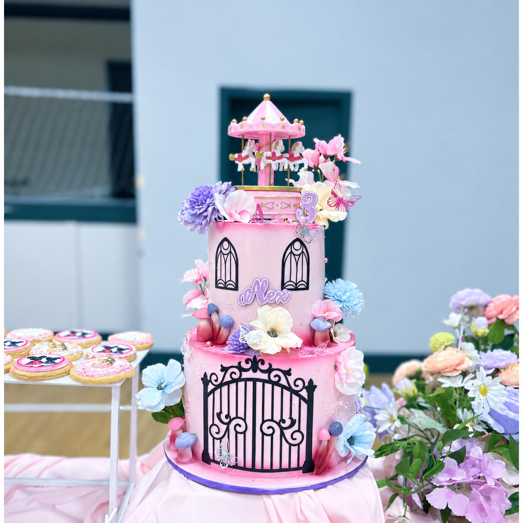 A pink two-tier birthday cake decorated with a miniature carousel topper, black arched window and gate designs, pastel flowers, and the name 'Alex' in script, displayed on a table with cookies and flowers in the background.