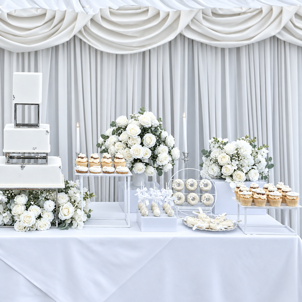 A styled dessert table setup with a tiered cream cake, white roses, cupcakes, donuts, and pastries arranged on a white draped table against a beige draped fabric backdrop.