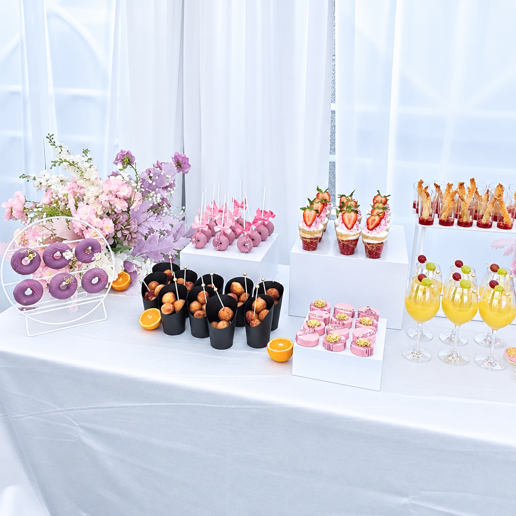 A dessert and appetizer display table draped in a white tablecloth, featuring pink macarons, strawberry cupcakes, donuts, fruit skewers, and filled glasses on white stands against sheer white curtains.