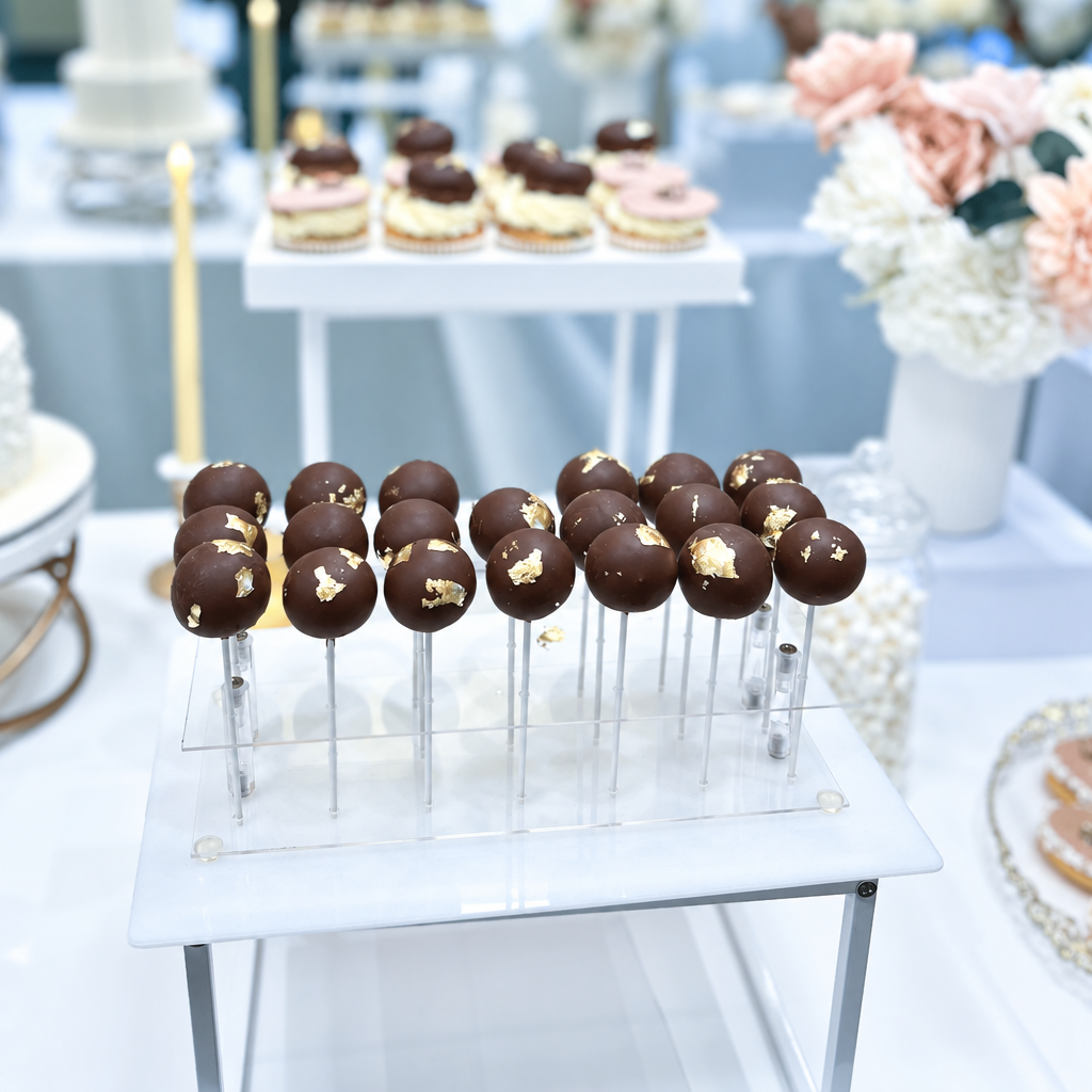 Chocolate cake pops with gold leaf flakes on a clear acrylic stand, displayed on a white table with a blurred dessert stand in the background.