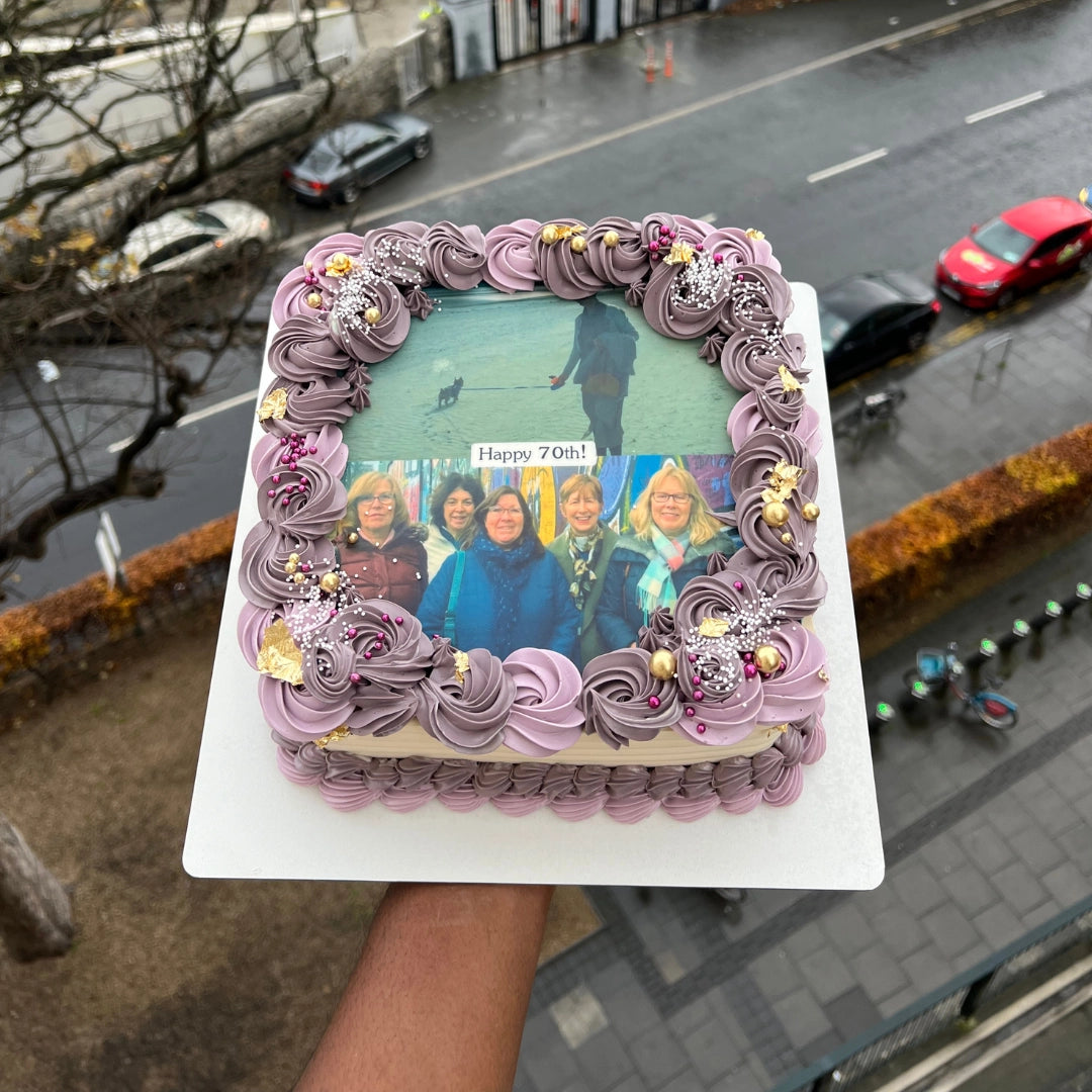 LILAC AND GOLD SQUARE CAKE WITH EDIBLE PHOTO