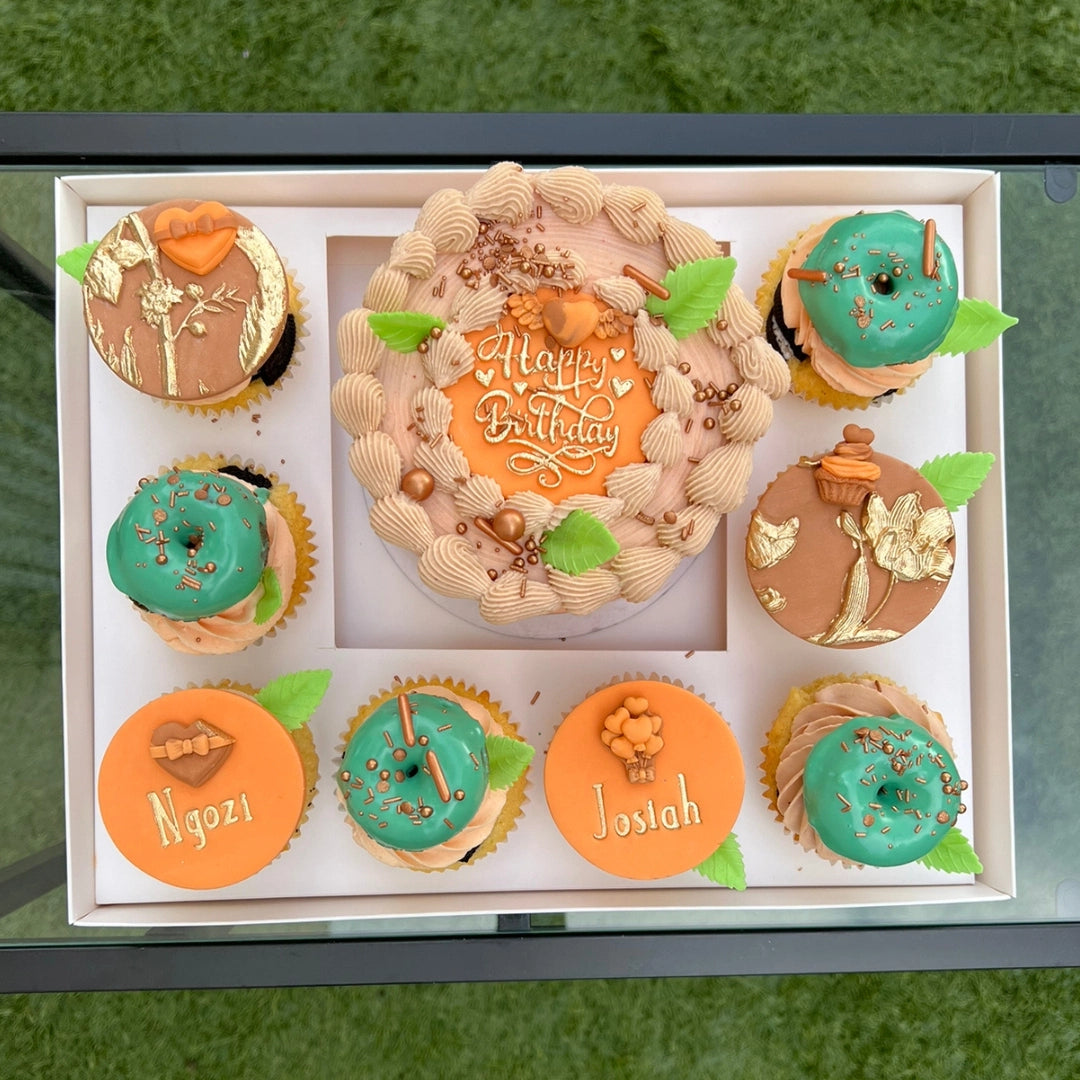 ORANGE AND GREEN BENTO CAKE WITH 8 CUPCAKES WITH MINI DONUTS