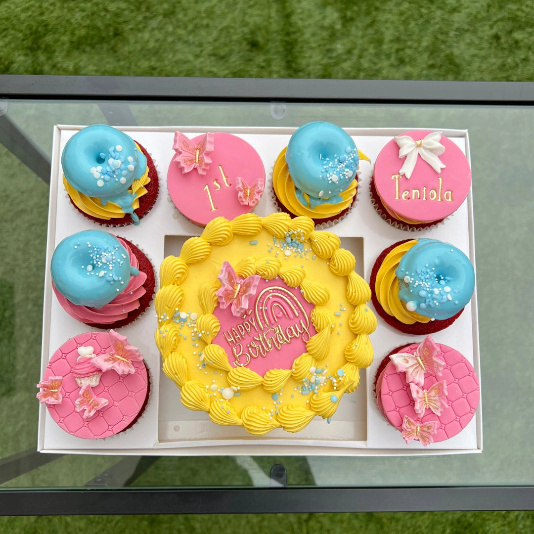 PASTEL BENTO CAKE AND CUPCAKES WITH M INI DONUTS