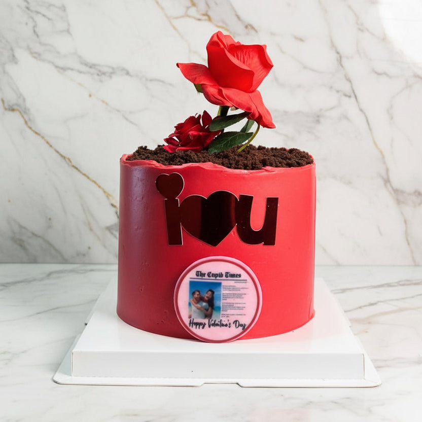 Luxury custom cake Dublin delivery - Valentine's Day rose design cake on a marble pedestal.