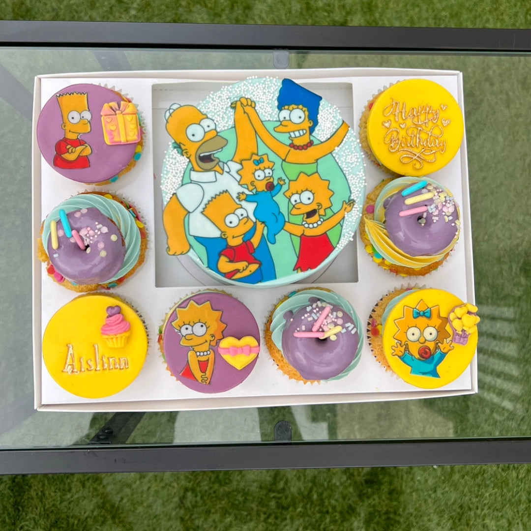 Customized THE SIMPSON bento cake set for high-end gifting in Dublin, featuring premium toppings and elegant packaging.
