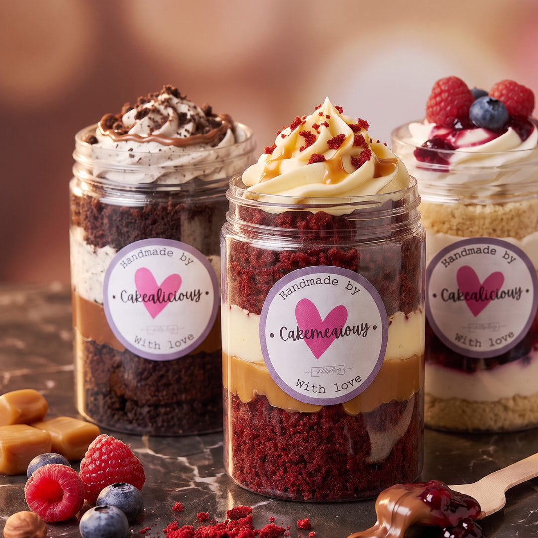 Three cake jars side by side: cookies and cream, red velvet caramel and berry cream, each topped with a frosting swirl, Dublin
