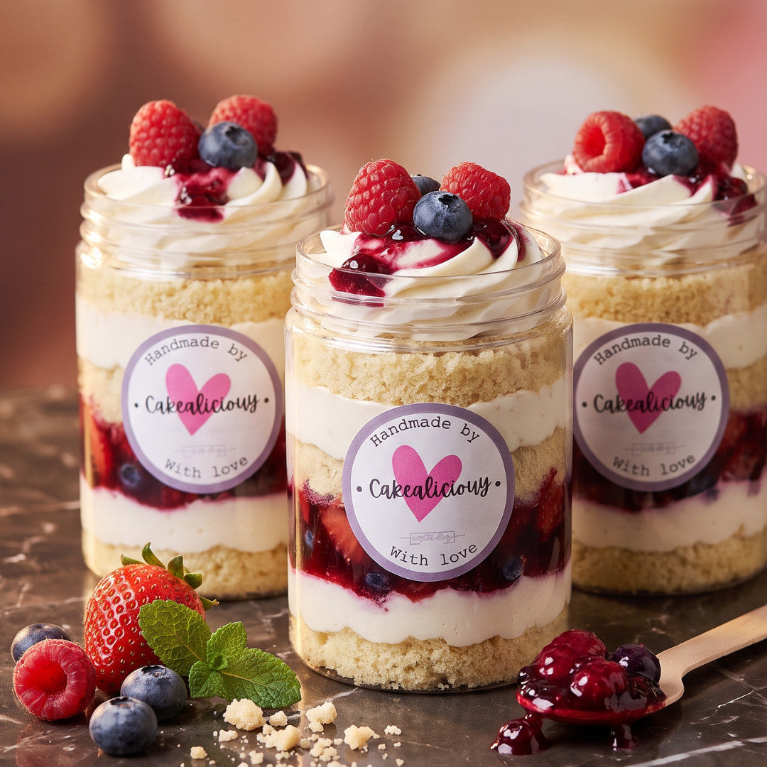 Three vanilla cake jars layered with cream and berry compote, topped with whipped cream, raspberries and blueberries, Dublin