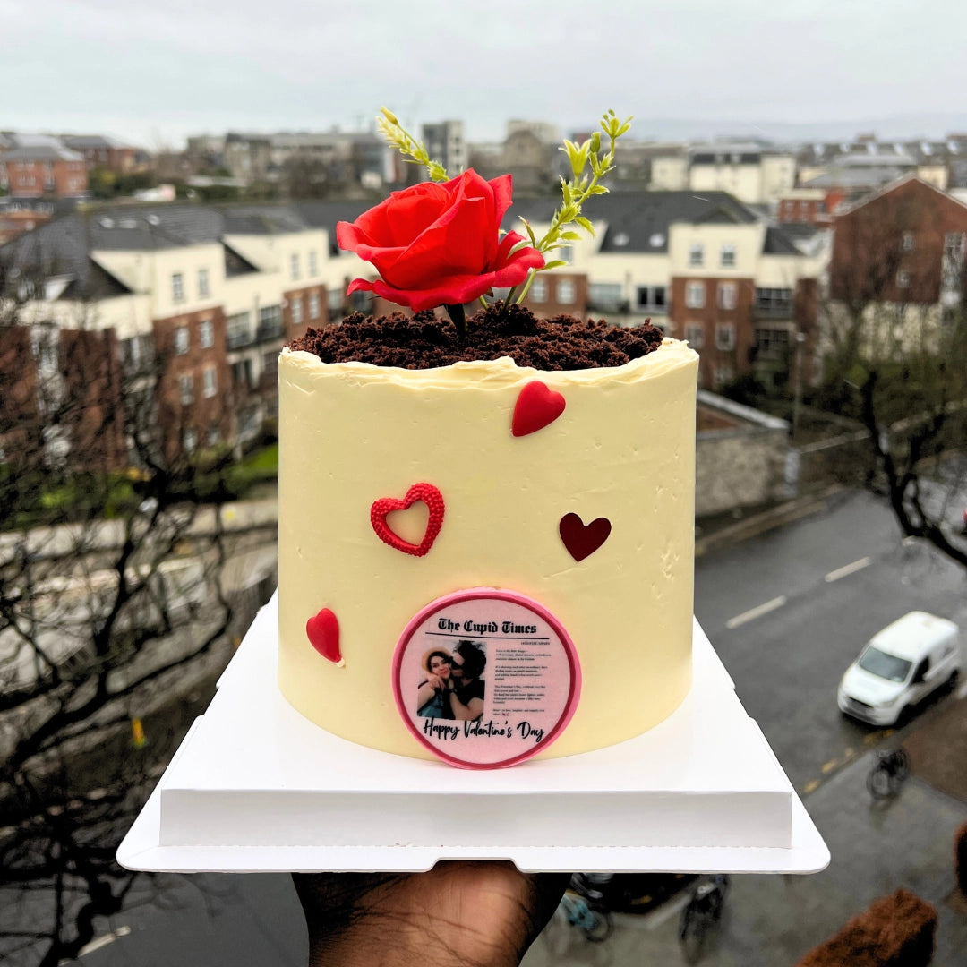 Bespoke Belgian chocolate Valentine's cake featuring realistic red roses growing out of white buttercream frosting.