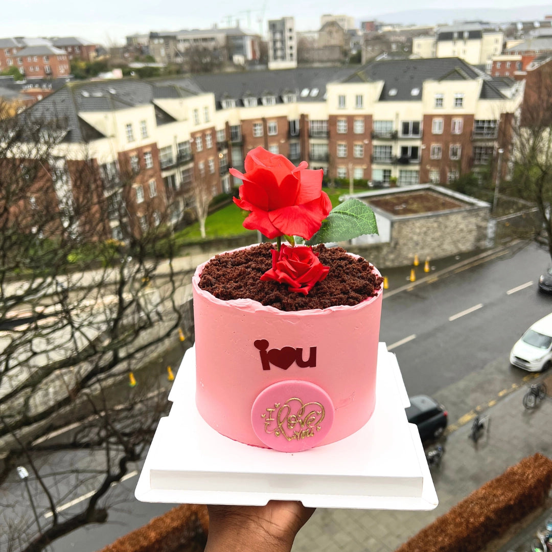 Bespoke Belgian chocolate Valentine's cake featuring realistic red roses growing out of white buttercream frosting.