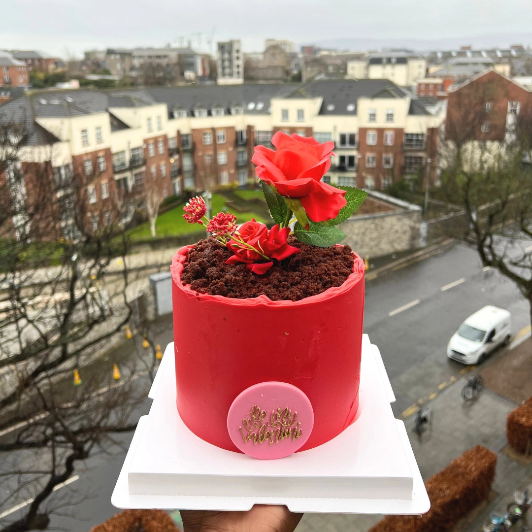 Bespoke Belgian chocolate Valentine's cake featuring realistic red roses growing out of white buttercream frosting
