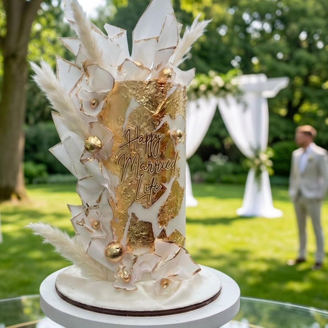 A decorated wedding cake on a white pedestal in an outdoor garden setting. The cake is white with gold leaf accents, white feathers, and the words 'Happy Married Life' written on the front.