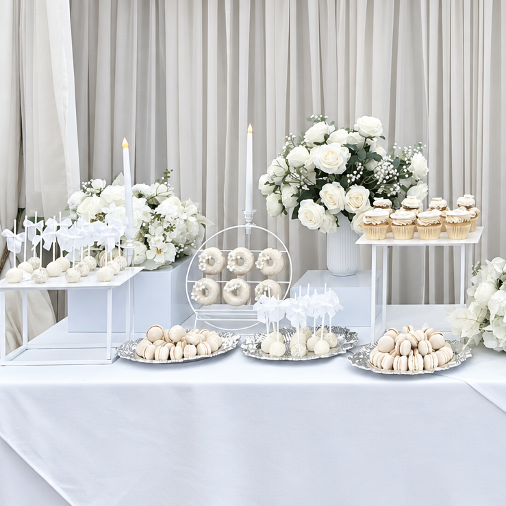 A styled dessert and candy bar setup with white and cream pastries, cupcakes, and a tiered cake on clear acrylic stands, set against a draped beige fabric backdrop with white draped fabric overhead.