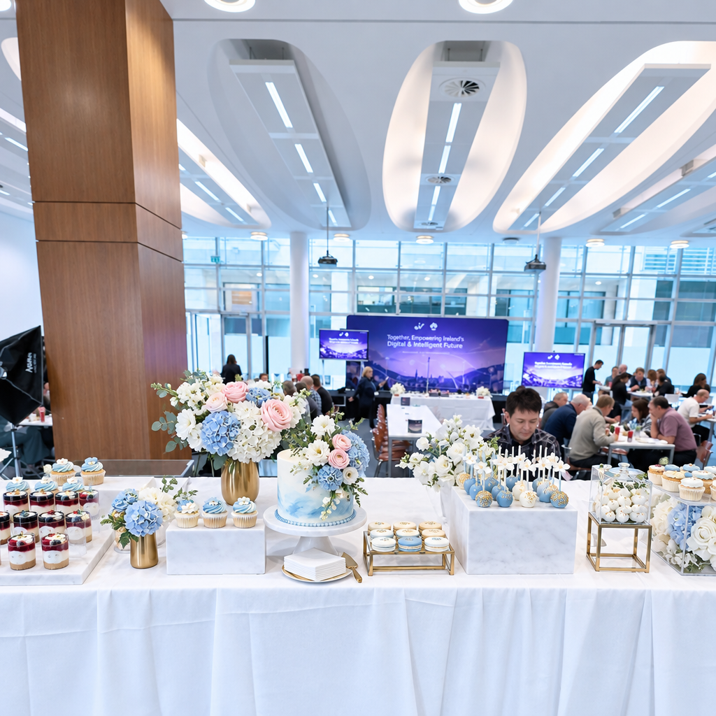 A long dessert and coffee table covered with a white tablecloth in a large event hall, decorated with pink and white floral arrangements, cupcakes, and jars. Several people are seated and standing around the table, with a stage and screens visible in the background.