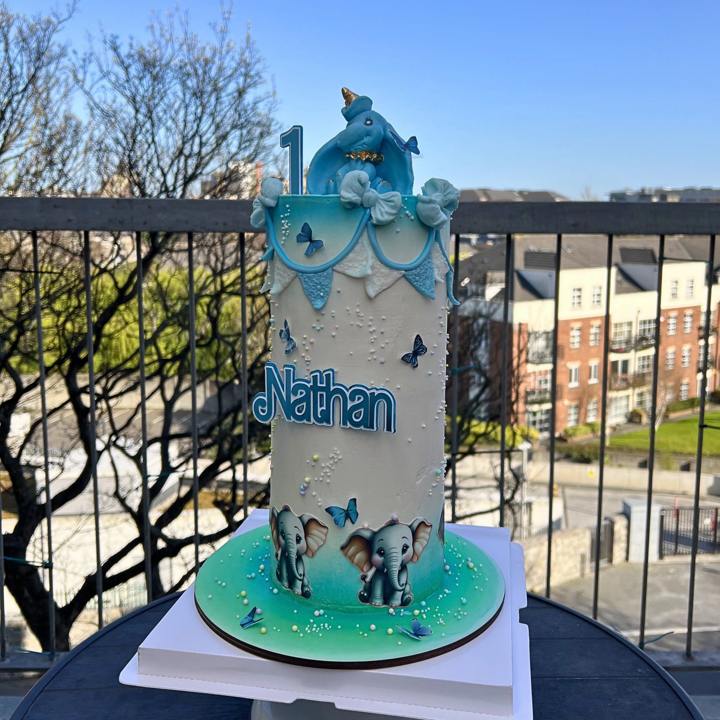 Birthday cake with elephant design and 'Nathan' on a balcony with a cityscape background