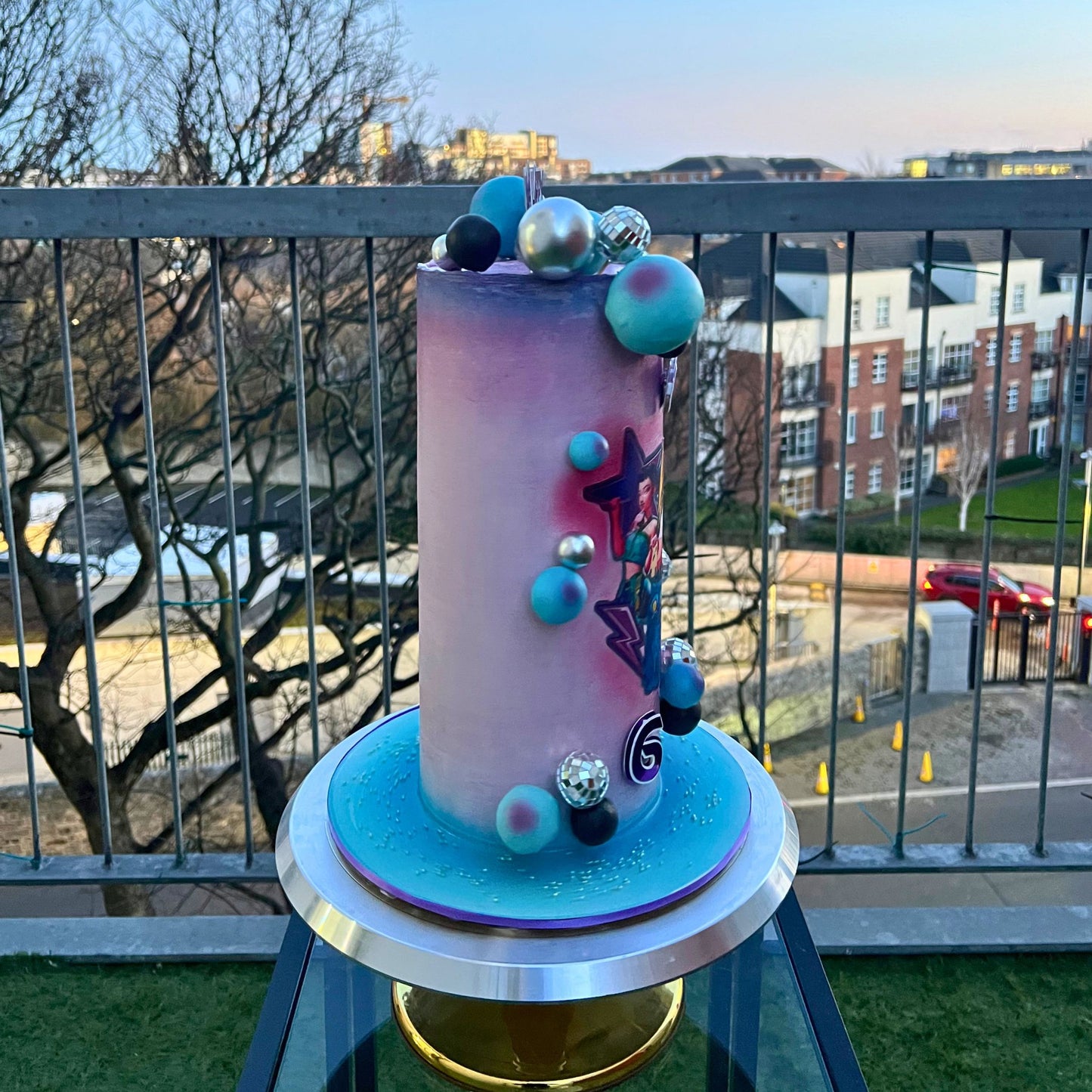 (lilac)	Lilac and pink watercolour K-pop cake with 3D glitter lettering and metallic ornaments, CakeMeAway Dublin