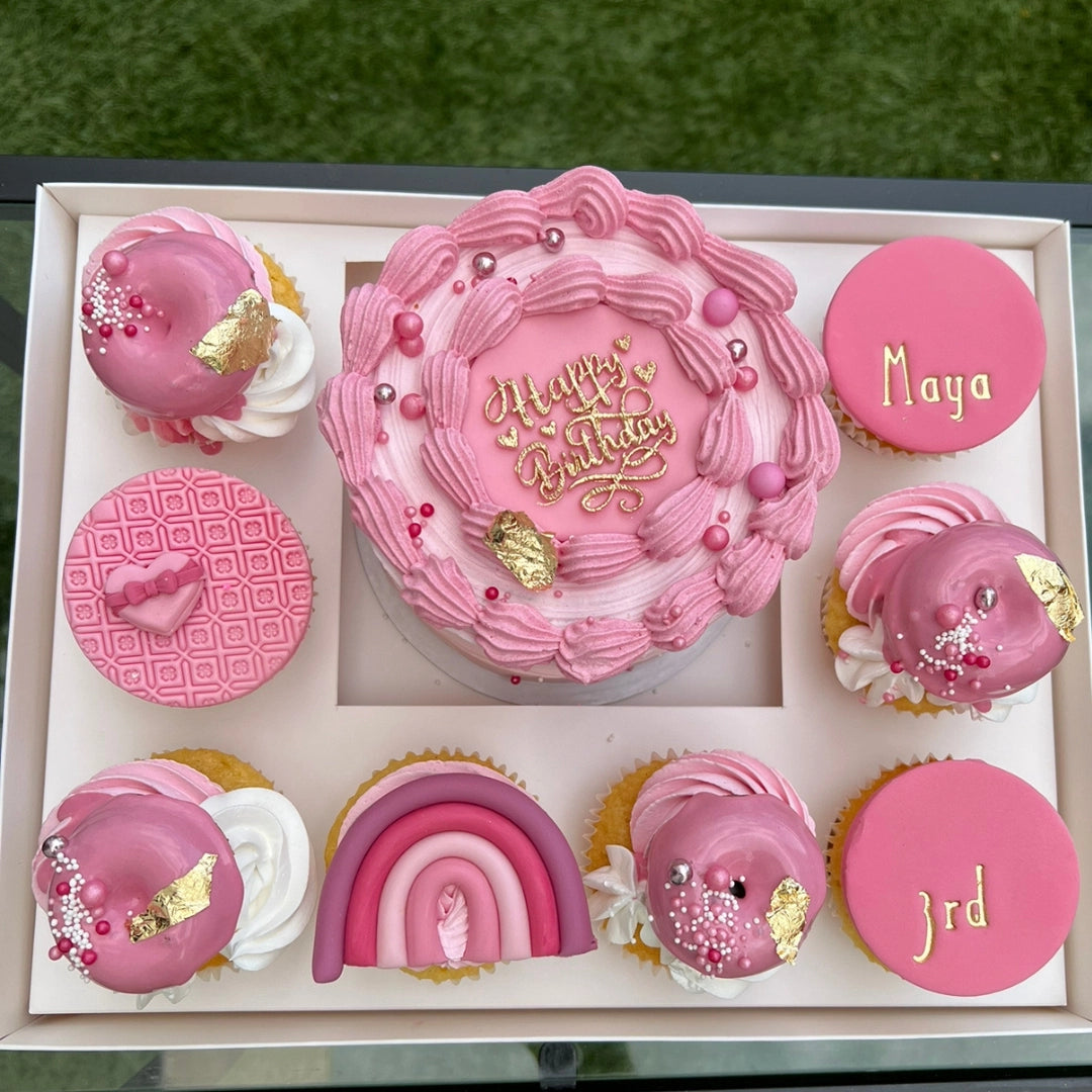 pink BENTO CAKE WITH CUPCAKES
