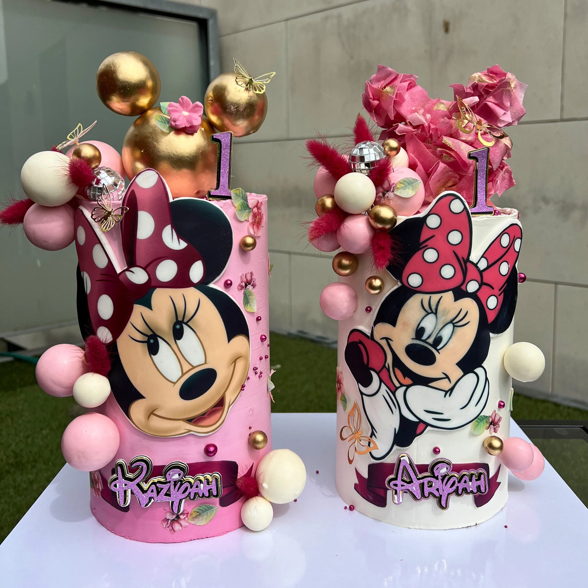 Pink double cake set with fondant rainbow, butterflies and sphere garland, Dublin