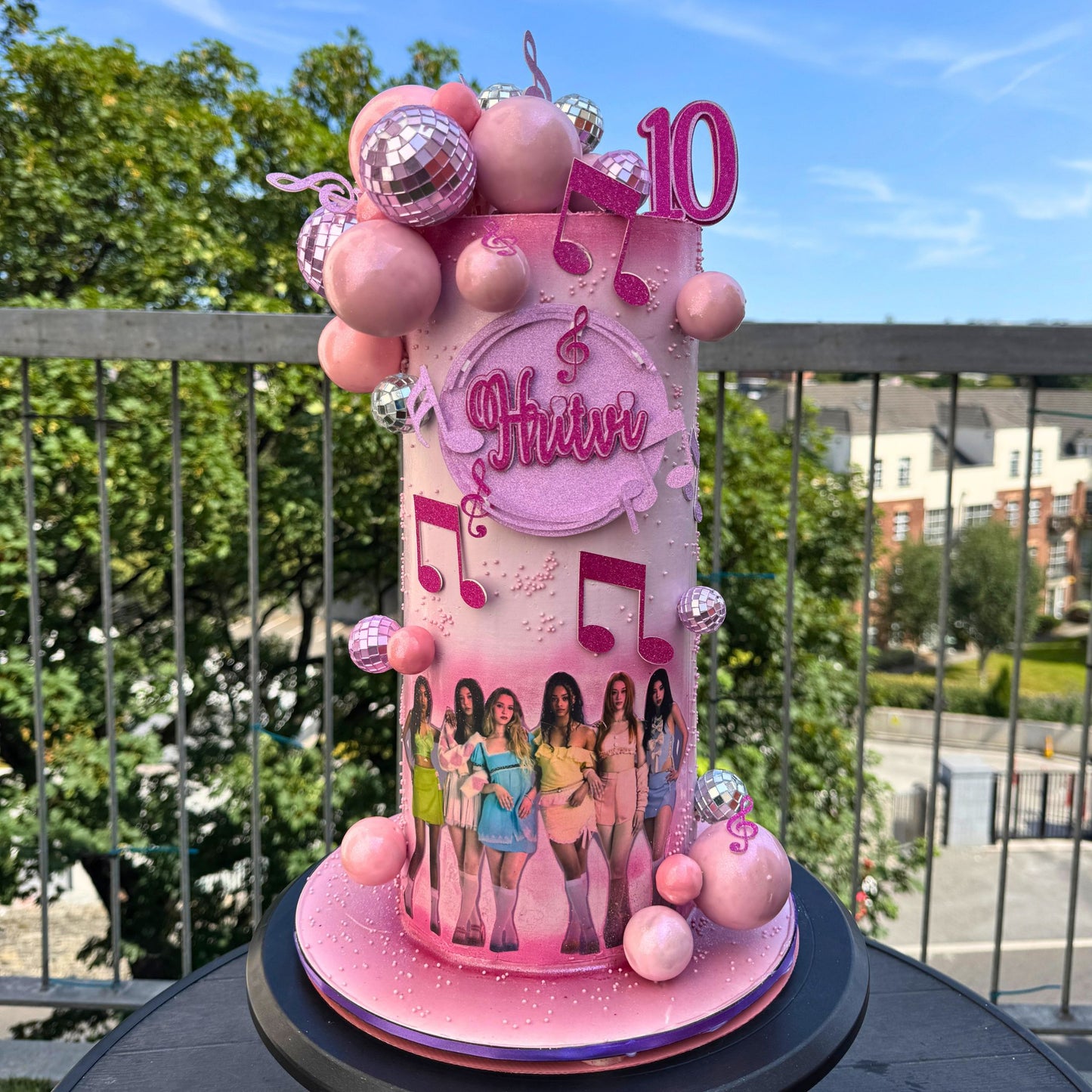 Pink pop star birthday cake with disco balls, music notes and edible photo panel, Dublin